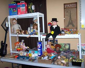 Assorted toys including Charlie McCarthy ventriloquist doll