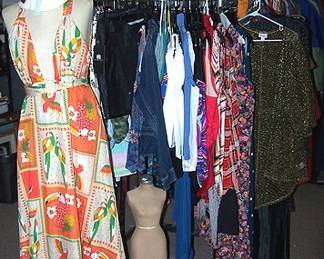 Dress forms, racks of clothes