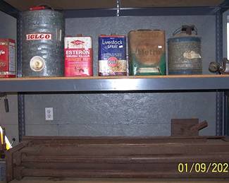 Old fireplace mantle (some assembly required), vintage cans