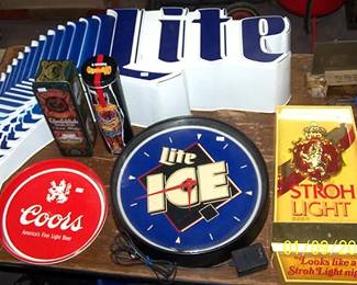 Advertising signs and clock,