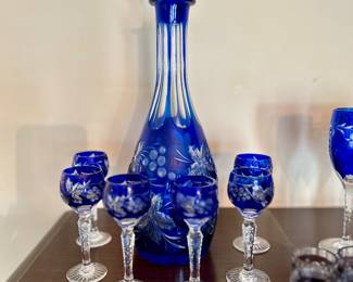 Vintage blue Bohemian glass decanter set 