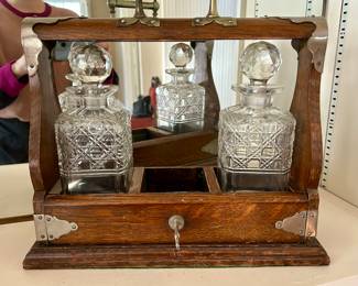 Antique tantalus box & decanters 