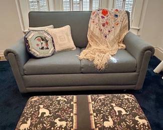 Mid-century loveseat with pullout bed, gorgeous vintage silk shawl & vintage ottoman 