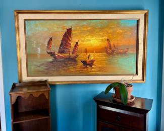 Vintage R McCoy signed Asian boats oil painting 