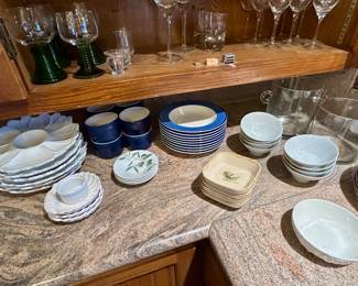 Nice blue dishes, ramekins & glass dessert plates & bowls 