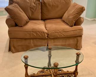 Pretty light brown velvet settee & very nice glass-top coffee table 