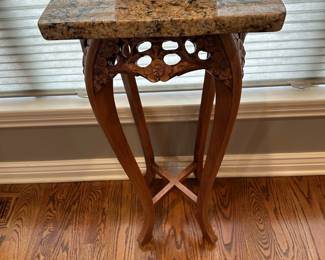 Hand Carved Teak Wood Plant Stand with Marble Top