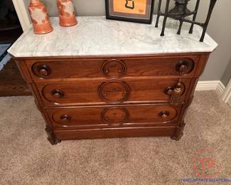 Victorian Marble Topped Three Drawer Walnut Dresser
