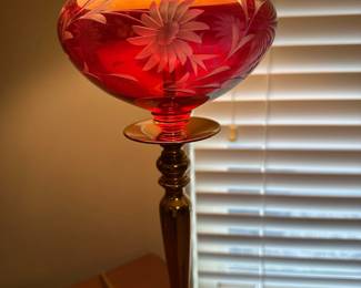 Hollywood Regency Brass and Ruby Cut Glass Dresser Top Lamp