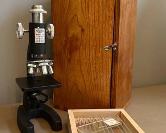 Vintage Microscope with Wood Case and Slides