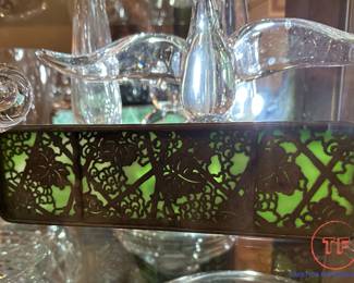 TIFFANY STUDIOS 1910 Bronze Grapevine and Slag Glass Pen Tray Holder