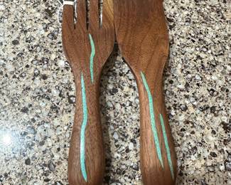 Teak Wood Serving Set with Stone Inlay