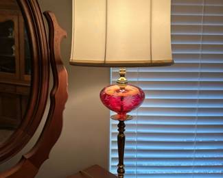 Hollywood Regency Brass and Ruby Cut Glass Dresser Top Lamp