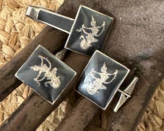 Siam Sterling SILVER Cufflink and Tie Bar Set
