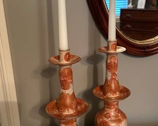 Iron Red and White Porcelain Candle Holders with Chrysanthemums 