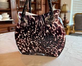 Art Glass Murano Style Purse bag vase Brown/purple White Splatter