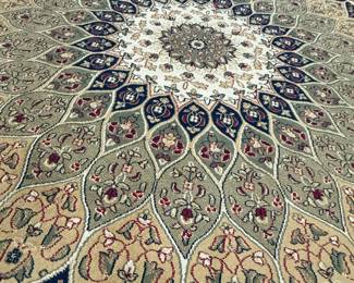 Round Silk Indian Kashmiri Rug Hand Knotted Handmade Vintage Oriental Carpet, Round Rug with Medallion, Cream