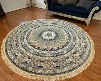 Round Silk Indian Kashmiri Rug Hand Knotted Handmade Vintage Oriental Carpet, Round Rug with Medallion, Cream