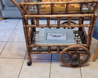 MCM Wicker Cart with Wood Chess Set