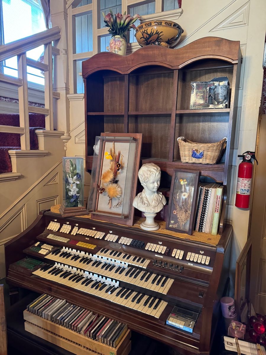 Wurlitzer synthesizer, ceramic bust, dried florals, cd’s