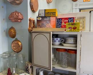 Coppertone jello molds, cake pans, glass jars, fancy cookie cutters