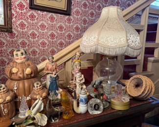 Cream fringed lampshade, twin Winton friar monk cookie jar set, Avon Dutch pipe, capodimonte