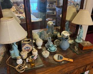 Cross stitch, figurine lamps, vanity dresser
