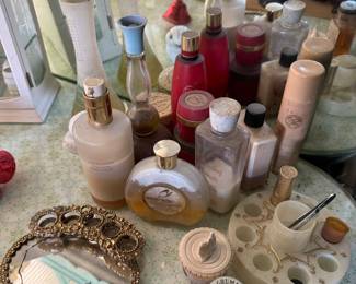 Vintage vanity lipstick holder, vintage perfumes.