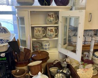 Cookie cutters, milk glass, pitchers