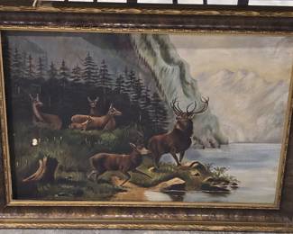 ANTIQUE ORIGINAL OIL PAINTING of ELK