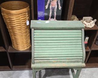 ANTIQUE OAK CHILD's ROLL TOP DESK. LONGABERGER BASKETS.