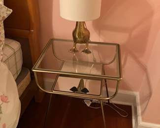 Pair 'West Elm' Glass & Brass Nightstands and Pair of Solid Brass Walking Duck Table Lamps