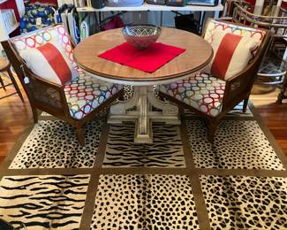 Safavieh Animal Print Area Rug, 2 Vintage Armchairs, Upgraded with Custom-sewn Cushions and Coach Leather Throw Pillows (see tags), Drexel Round Dinette Table, marked underneath top (comes w/ 2 extension leaves; the wood top & 2 leaves all need refinishing, but with a little TLC it will be GORGEOUS!)