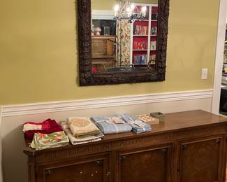 Vintage Credenza/Bar Cabinet with Beautiful Burlwood Veneering and Brass Corner Accents on the Cabinet Doors; Metal Wall Mirror, quite large & heavy