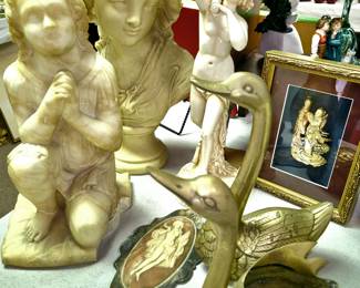 Much sculptures, busts and statues, also brass swan statue and planter