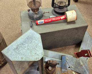 Large selection of primitives and rustic items. Rustic tools, sheet metal, lanterns and chest
