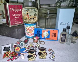 "Snow White and the Seven Dwarfs Dime Bank", "Bib Baby Orange Juice" Bank, "1964 1965 New York World's Fair" bike license plate.