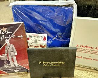 St. Joseph author Joseph K. Houts, Jr. books "As the Mockingbird Sang" and "A Darkness Ablaze". Quaker Oats Quarter Century Club 1996 blanket. "St. Joseph Junior College" diploma 