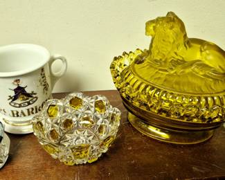 2 pcs. glass amber nested lion candy dish