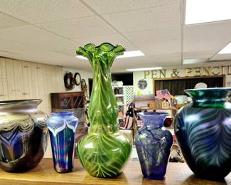 Large selection of glassware, china, pottery and figurines. Much art glass