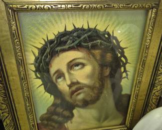 Much, much vintage religious items. Vintage oil on canvas painting of Jesus 