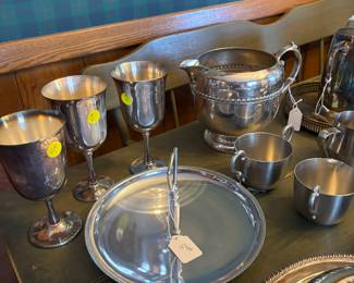 Silver goblets, pitcher and handle server