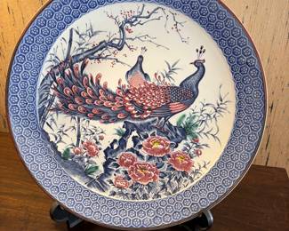 Pheasant Plate with blue and white trim approx 14" round