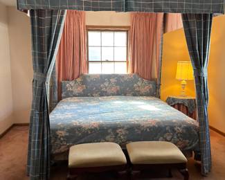 King Size Canopy Bed. (does not include mattress.  Canopy is custom made and is attached to ceiling.  Includes headboard, canopy, drapes.  Matching table cloth.  2 benches at foot of bed sold separately