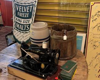 Crocks and wooden primitive bucket