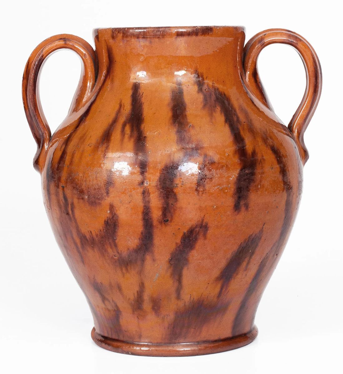 Exceptional Open-Handled Redware Jar with Brown-Slip Stripe Decoration, Inscribed "C," attributed to the Cain Pottery, Sullivan County, TN, circa 1830-1880 ($6,000 - $10,000)
