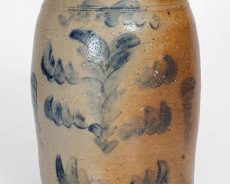 Two-Gallon Stoneware Jar with Elaborate Freehand Cobalt Decoration, attributed to David H. and William Weaver, Knoxville, TN, circa 1876-1887, semi-ovoid jar with tooled shoulder and semi-rounded rim, brush-decorated with symmetrical swag motifs throughout the front along with a curved flourish above. Exhibited: Made in East Tennessee: Pottery, Museum of East Tennessee History, 1996. Provenance: Purchased by Wahler at Miller's Auction Gallery, Newport TN, on November 11, 1978. Bottom of jar with in-the-firing warping and added felt tabs to allow the jar to sit flat. Otherwise excellent condition. H 11 7/8". ($250-$400)
