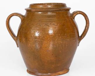 Glazed Redware Open-Handled Jar, Eastern TN origin, circa 1810-1814. ($300-$500)
