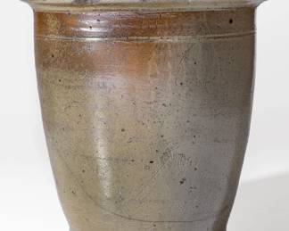 Rare Salt-Glazed Stoneware Jar with Incised Soldier and Inscription, attributed to the Moses P. Harmon Pottery, Greene County, TN, 1890-1900, ovoid jar with tooled shoulder and wide mouth with flattened rim, featuring a faintly-incised three-line inscription at the shoulder followed by a large faintly-incised design of a soldier with bayonetted rifle. Rim chips. Along diagonal crack to body of jar, extending from base to shoulder. Small base chips. Flakes to underside. H 8 1/2". ($250-$350)
