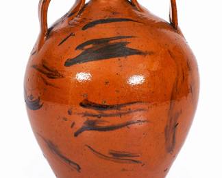 Extremely Rare Double-Handled Redware Jug with Manganese Slash Decoration, Eastern TN origin, possibly Sullivan County, circa 1820-1860 ($4,000 - $6,000)